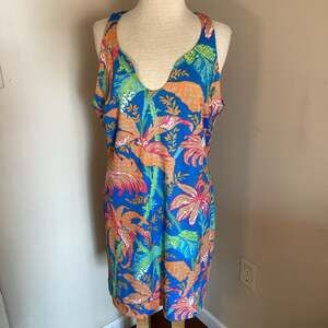 Gretchen Scott Sleeveless Tropical Palm Print Shift Dress Blue Orange Size L